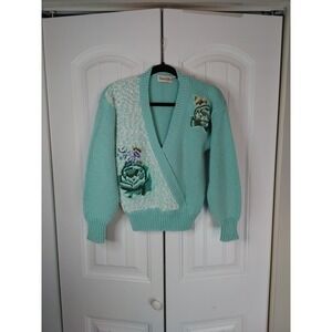 Vtg Hunter's Glen Sweater Women's Small Aqua Cottagecore Boho Knit Embroidered